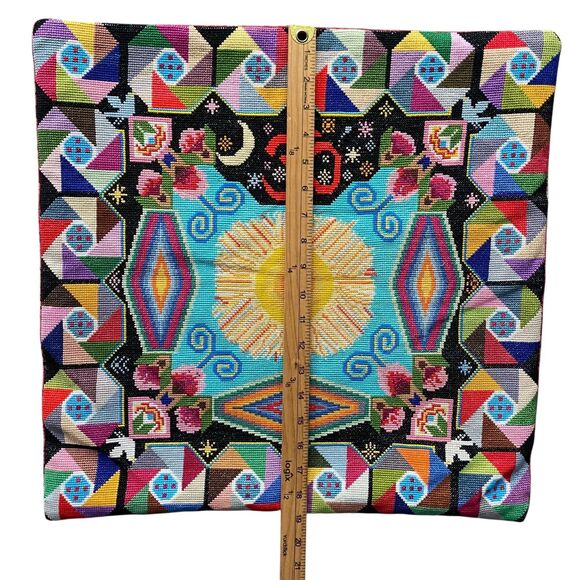 Handmade Cross Stitch Throw Pillow Cover Multicolor Om Sign Geometric OOAK - Picture 2 of 6